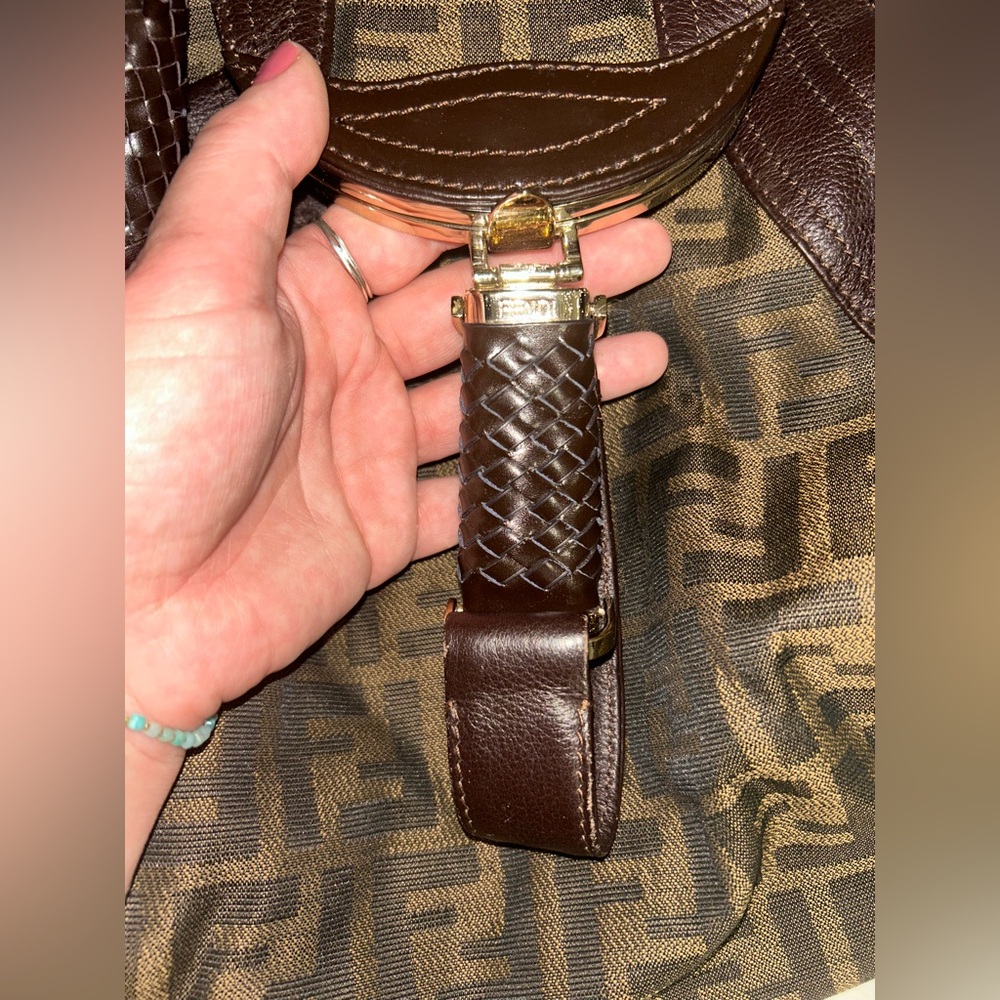 Designer-Inspired Brown Leather & Monogram Shoulder Bag - Picture 9 of 9